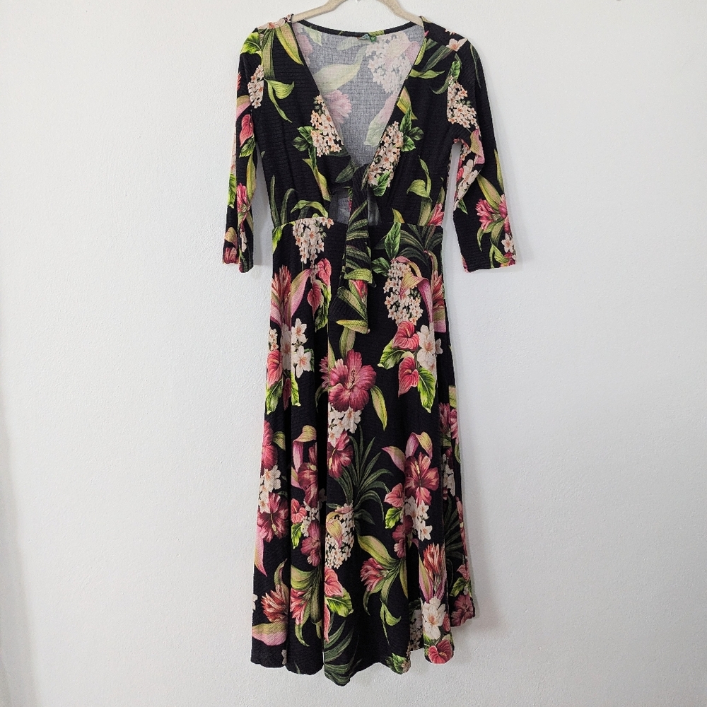 Farm Rio Tie Front Cutout Floral Tropical Print Midi Dress Black Medium M